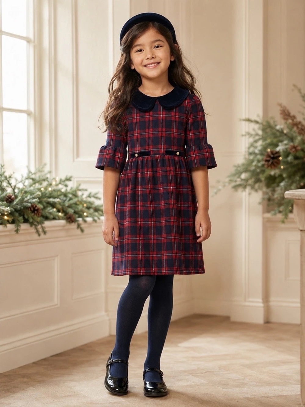 Janie and Jack Red and Navy Plaid Velvet-Collar Dress